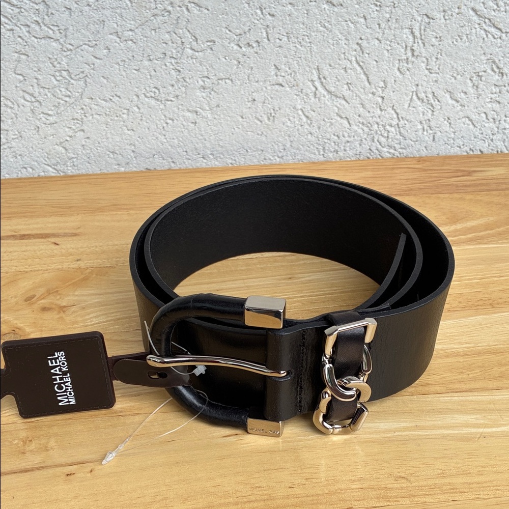 Michael Kors Black Leather Wide Belt silver accents NWT but has an owie SEE PIC